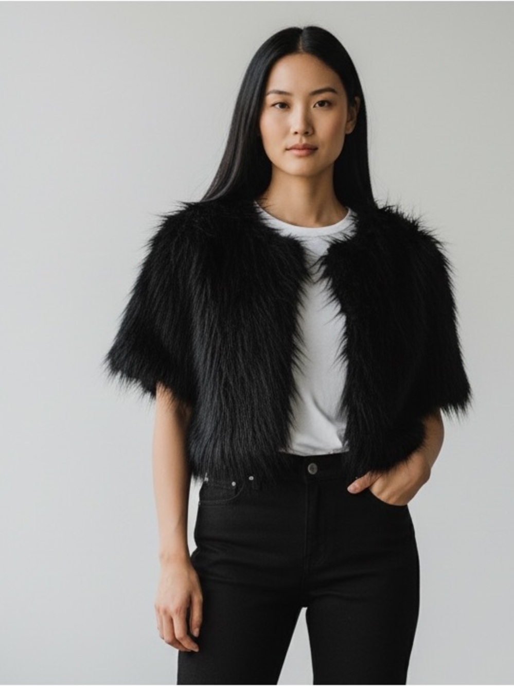 Rare Bebe Y2K Black Faux Fur Cardigan Kardashian Grunge Soft Fall Chic Sz Med